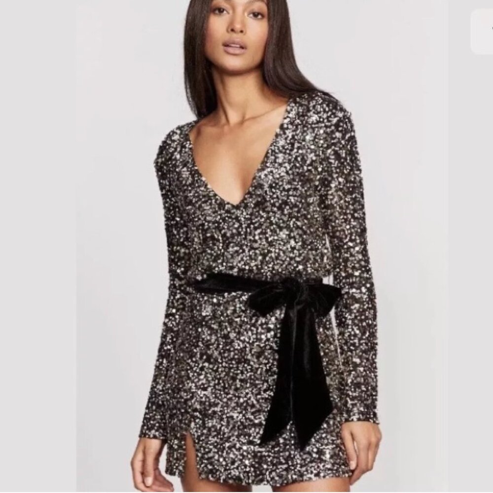 Free People Halle Sequin Dress with Velvet‎ Bow in Black sz S
